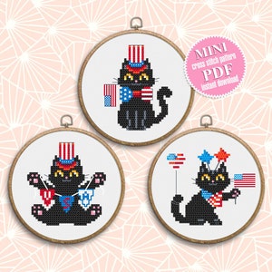 Set patriotic cats cross stitch pattern PDF download Cute black cat embroidery PDF, Independence Day, Funny 4th of july decor, USA flag #T17