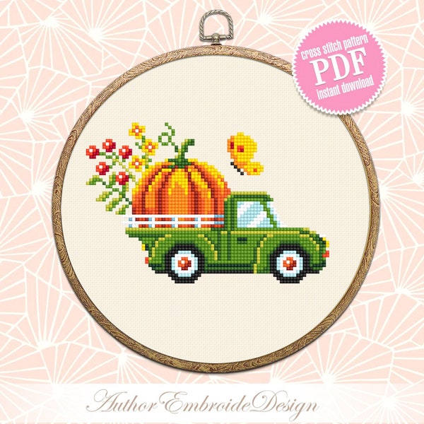 Fall truck with pumpkin cross stitch pattern PDF download Farmhouse truck cross stitch chart, Small pumpkin pattern PDF, Thanksgiving #H60