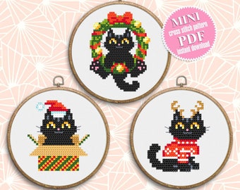 Set Christmas cats cross stitch pattern download PDF, Cute black cat embroidery PDF, Christmas mini cross stitch, Funny home cat decor #N78