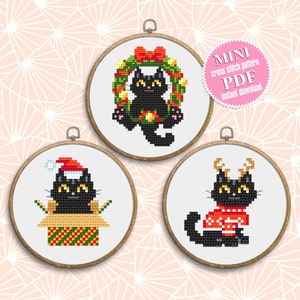 Set Christmas cats cross stitch pattern download PDF, Cute black cat embroidery PDF, Christmas mini cross stitch, Funny home cat decor #N78