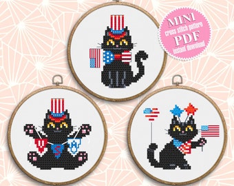 Set patriotic cats cross stitch pattern PDF download Cute black cat embroidery PDF, Independence Day, Funny 4th of july decor, USA flag #T17