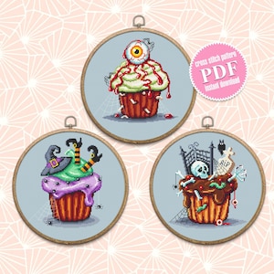 Halloween cupcake set cross stitch pattern download PDF Sweet food cross stitch chart Modern beginner stitch Happy Halloween embroidery #S50