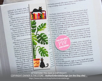 Bookmark cross stitch pattern digital PDF Modern handmade bookmark Cute cat embroidery beginners Instant download Plant cross stitch #B8