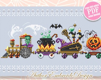 Halloween train cross stitch pattern PDF download Happy Halloween cross stitch chart, Black cat, Spooky ghost, Halloween home decor #H62