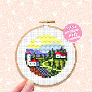 Small cross stitch pattern download PDF Italy village cross stitch Nature landscape embroidery PDF Tiny picture cross stitch beginner #L20
