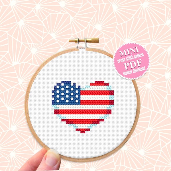 American flag heart cross stitch pattern PDF download Patriotic cross stitch chart, Independence Day 4th of July, USA flag cross stitch #T18