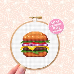 Burger small cross stitch pattern PDF Fast food cross stitch chart, Funny mini cross stitch Instant download PDF, Kawaii hand embroidery #F4