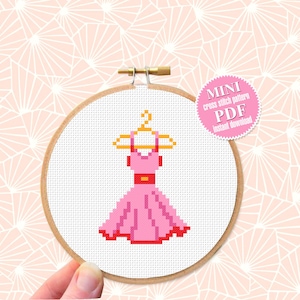Pink dress small cross stitch pattern PDF Mini cross stitch chart, Minimalistic funny cross stitch Instant download PDF, Beginner stitch #O6