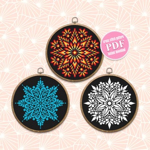 Mandala set cross stitch pattern PDF, Flower mandala cross stitch chart, Mandala pattern digital download PDF, Easy cross stitch pillow #S41