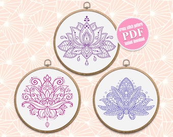 Lotus mandala set cross stitch pattern download PDF Flower mandala cross stitch chart, Mandala pattern digital PDF, DIY Home decor #S6