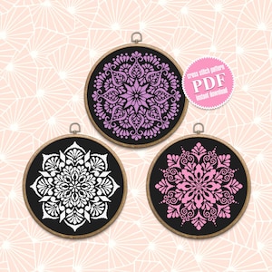 Mandala set cross stitch pattern PDF Monochrome mandala pattern digital download PDF, Flower mandala cross stitch chart, DIY Home decor #S43