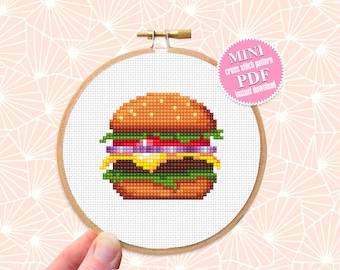 Burger small cross stitch pattern PDF Fast food cross stitch chart, Funny mini cross stitch Instant download PDF, Kawaii hand embroidery #F4