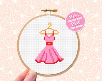 Pink dress small cross stitch pattern PDF Mini cross stitch chart, Minimalistic funny cross stitch Instant download PDF, Beginner stitch #O6