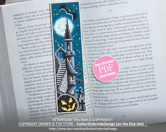 Halloween-bokmärkesmönster i PDF-format för nedladdning Korsstygnsdiagram med hemsökt hus Handgjort digitalt bokmärkesmönster Spöklikt Halloween #B6