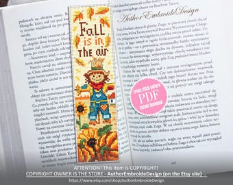 Fall scarecrow bookmark cross stitch pattern PDF download Pumpkin season cross stitch chart, Autumn bookmark pattern digital PDF #B484