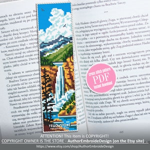 Yellowstone Nationalpark Lesezeichen Kreuzstichmuster PDF download, Natur Kreuzstichvorlage, Berg Wasserfall Lesezeichen Muster #B223