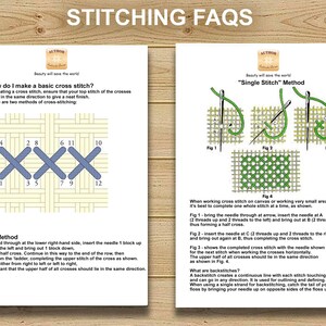 Op de afbeelding: Een gids voor kruissteek met twee methoden: "Ladder" en "Single Stitch". De "Ladder"-methode laat zien hoe je een kruissteek maakt door de naald in een ladderpatroon op en neer te bewegen. De "Single Stitch"-methode laat zien hoe je een kruissteek maakt door de naald in &eacute;&eacute;n keer door de stof te halen. De gids bevat ook een diagram van een voltooide kruissteek.