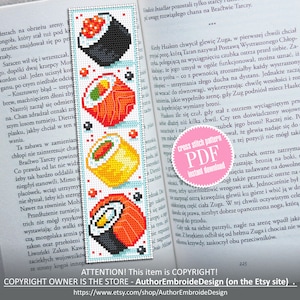 Japanese food bookmark cross stitch pattern PDF download Simple handmade bookmark digital PDF, Sushi cross stitch chart, Food pattern #B125