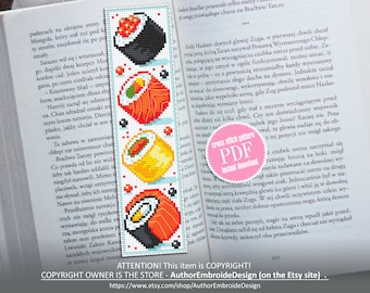 Japanese food bookmark cross stitch pattern PDF download Simple handmade bookmark digital PDF, Sushi cross stitch chart, Food pattern #B125