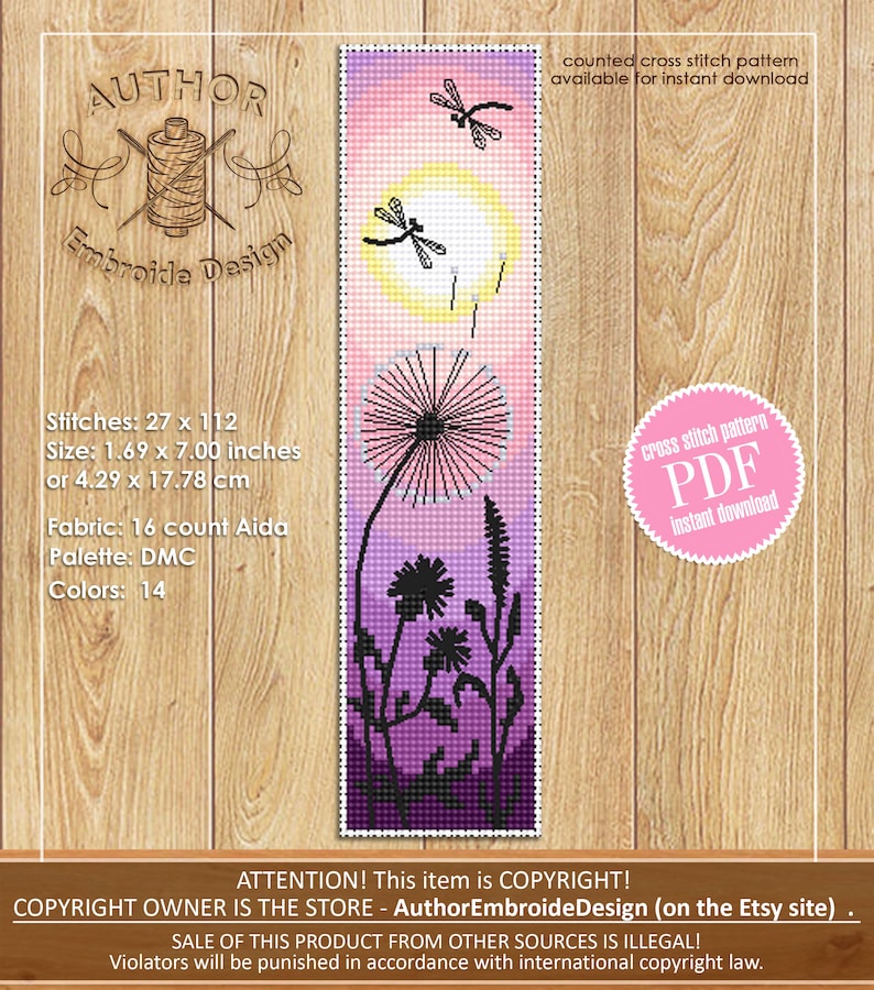 May include: A cross-stitch pattern bookmark featuring a dandelion, dragonflies, and wildflowers in shades of purple and pink. The bookmark measures 1.69 x 7.00 inches. The text on the bookmark says "counted cross stitch pattern available for instant download".