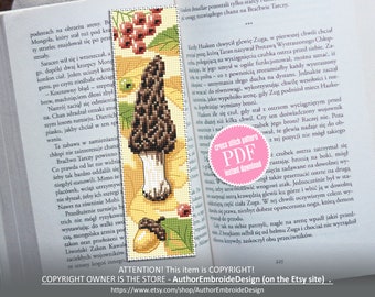 Mushroom bookmark cross stitch pattern PDF download Morel mushroom cross stitch chart, Digital bookmark pattern PDF, Fall embroidery #B161