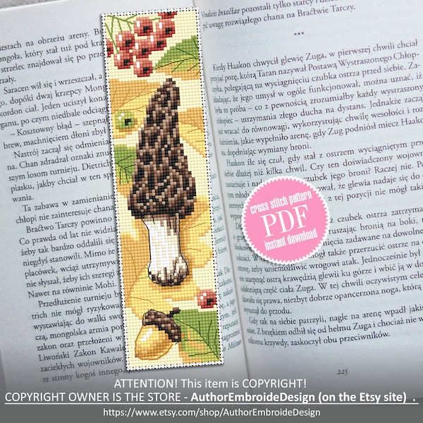 Mushroom bookmark cross stitch pattern PDF download Morel mushroom cross stitch chart, Digital bookmark pattern PDF, Fall embroidery #B161