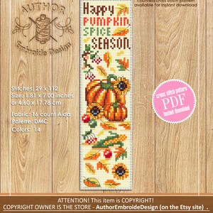 May include: A cross-stitch pattern featuring the text "Happy Pumpkin Spice Season" with pumpkins, sunflowers, and fall leaves. The design measures 1.81 x 7.00 inches and is available for instant download.
