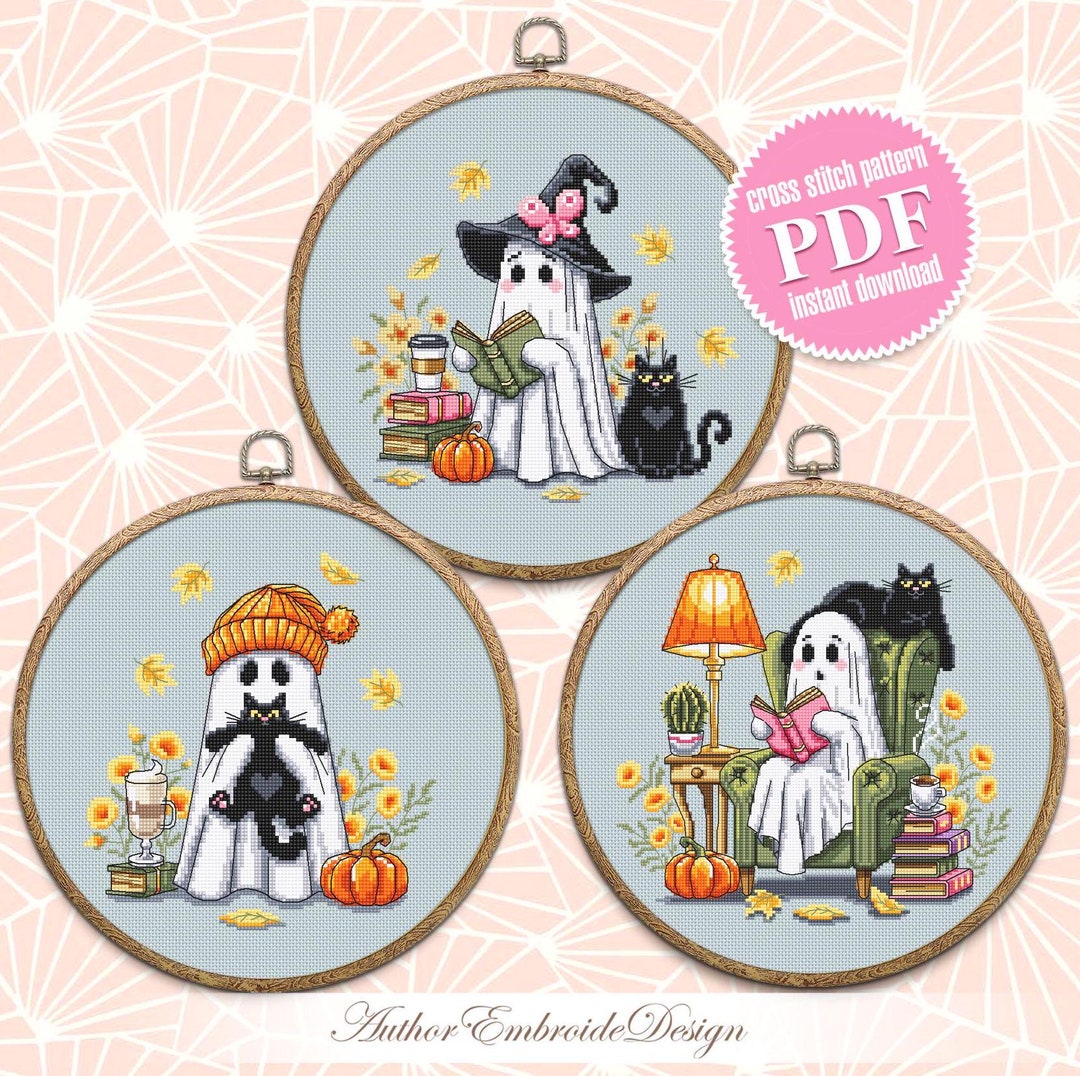 Cute Ghost With Black Cat Cross Stitch Pattern PDF Download Set of 3 ...