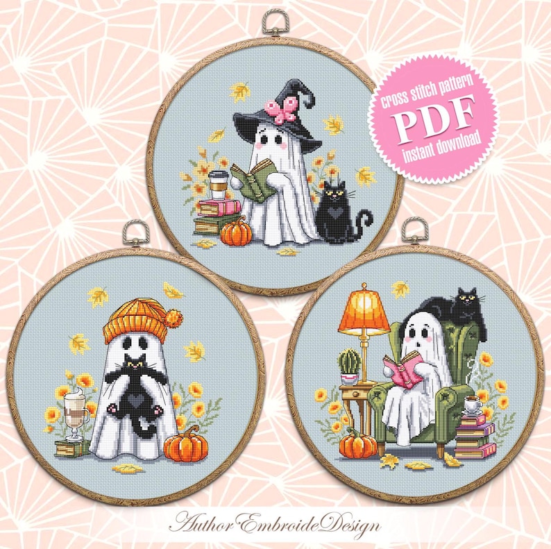 Cute Ghost With Black Cat Cross Stitch Pattern PDF Download Set of 3 ...
