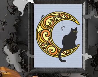 Halloween Cat on Crescent Moon Cross Stitch Pattern PDF Download