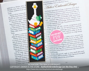May include: A cross stitch pattern featuring a white goose sitting on a stack of colorful books. The pattern is available as a PDF instant download. The text "Author Embroide Design" is visible in the image.