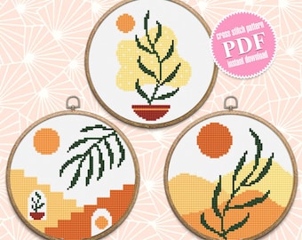 Abstract boho cross stitch pattern PDF download Set of 3 Minimalist nature cross stitch chart, Simple boho floral pattern digital PDF #O10