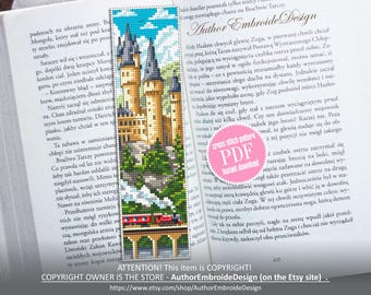 Wizard school bookmark cross stitch pattern PDF instant download Castle cross stitch chart, Magical train bookmark pattern digital PDF #B537