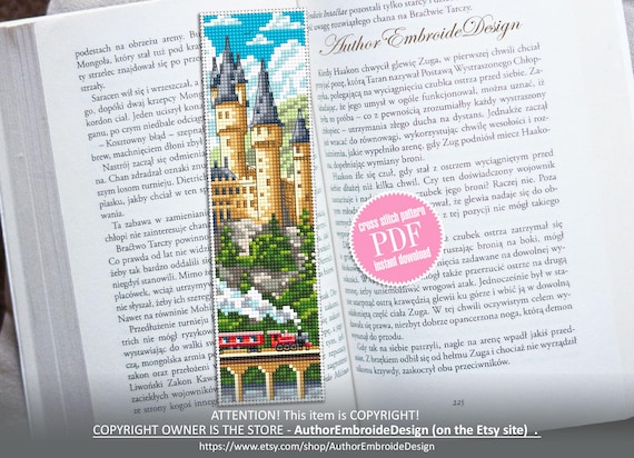 Wizard school bookmark cross stitch pattern PDF instant download Castle cross stitch chart, Magical train bookmark pattern digital PDF #B537