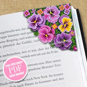 Flower Corner bookmark cross stitch pattern PDF download Floral cross stitch chart, Flower bookmark for women, Violet Pansy pattern #B364
