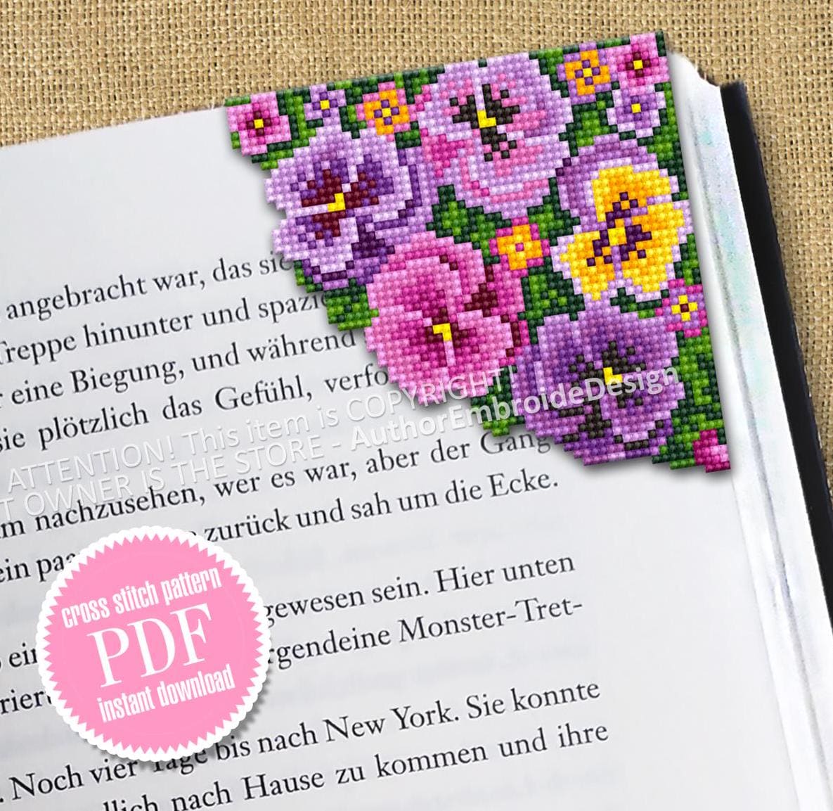 Flower Corner bookmark cross stitch pattern PDF download Floral cross stitch chart, Flower bookmark for women, Violet Pansy pattern #B364