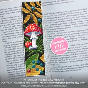 Mushroom bookmark cross stitch pattern PDF download Amanita mushroom cross stitch chart, Digital bookmark pattern PDF, Fall embroidery #B163