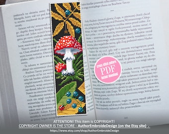Mushroom bookmark cross stitch pattern PDF download Amanita mushroom cross stitch chart, Digital bookmark pattern PDF, Fall embroidery #B163