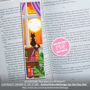 Bookmark cross stitch pattern download PDF Modern handmade bookmark digital PDF Cute cat embroidery beginners Sunset cross stitch chart #B63