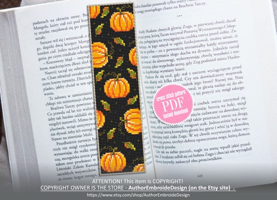 Pumpkin fall bookmark cross stitch pattern PDF download Pumpkin cross stitch chart Handmade bookmark digital pattern Autumn embroidery #B228