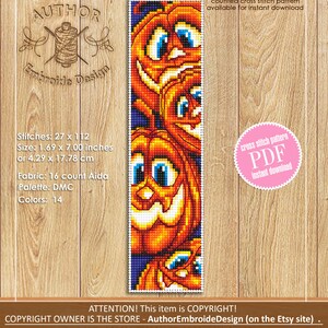 May include: A counted cross stitch pattern featuring a vertical arrangement of four orange pumpkins with blue eyes and smiling faces. The pattern is available for instant download as a PDF file. The text "AuthorEmbroideDesign" is included in the image.