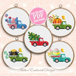 Vintage truck cross stitch pattern PDF download Set of 5 farmhouse truck pattern digital PDF, Small cross stitch chart, Holiday decor #T35