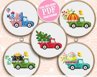 Vintage truck cross stitch pattern PDF download Set of 5 farmhouse truck pattern digital PDF, Small cross stitch chart, Holiday decor #T35