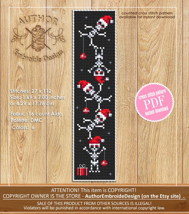 May include: A counted cross stitch pattern featuring a black background with five skeletons wearing Santa hats and holding ornaments. The pattern is 1.69 inches by 7 inches or 4.29 cm by 17.78 cm. The pattern is available for instant download as a PDF.