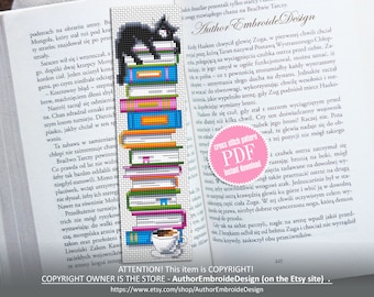 Funny bookmark cross stitch pattern PDF download Black cat cross stitch chart, Handmade bookmark pattern digital PDF, Book accessories #B335