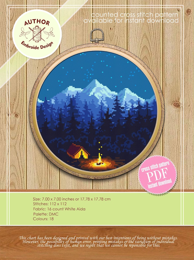 Nature cross stitch pattern download PDF Mountain landscape cross stitch Camping tent xstitch chart Night nature PDF Travel home decor L43 image 2