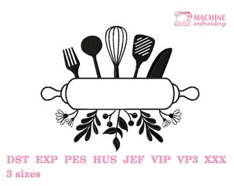 Kitchen utensils split frame machine embroidery design 3 sizes, Baking tools embroidery pattern, Cooking embroidery files, Apron design #R5