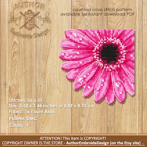 Puede incluir: Un patr&oacute;n de punto de cruz contado con una margarita rosa con gotas de agua. El dise&ntilde;o mide 8,89 x 8,73 cm y est&aacute; disponible para descarga instant&aacute;nea. El patr&oacute;n utiliza 9 colores y tela Aida de 16 hilos.
