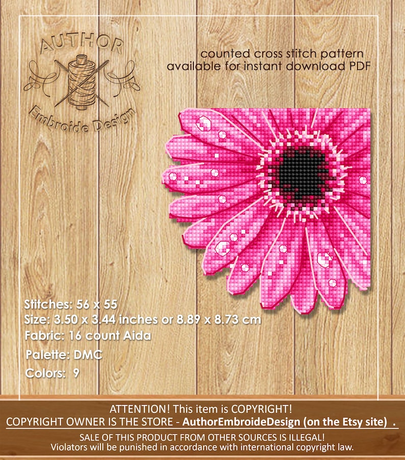 Puede incluir: Un patr&oacute;n de punto de cruz contado con una margarita rosa con gotas de agua. El dise&ntilde;o mide 8,89 x 8,73 cm y est&aacute; disponible para descarga instant&aacute;nea. El patr&oacute;n utiliza 9 colores y tela Aida de 16 hilos.