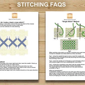 May include: Two white pages with cross-stitch instructions. The top of the pages reads "STITCHING FAQS". One page shows the "Ladder" method, and the other shows the "Single Stitch" method. Diagrams and text explain the techniques.